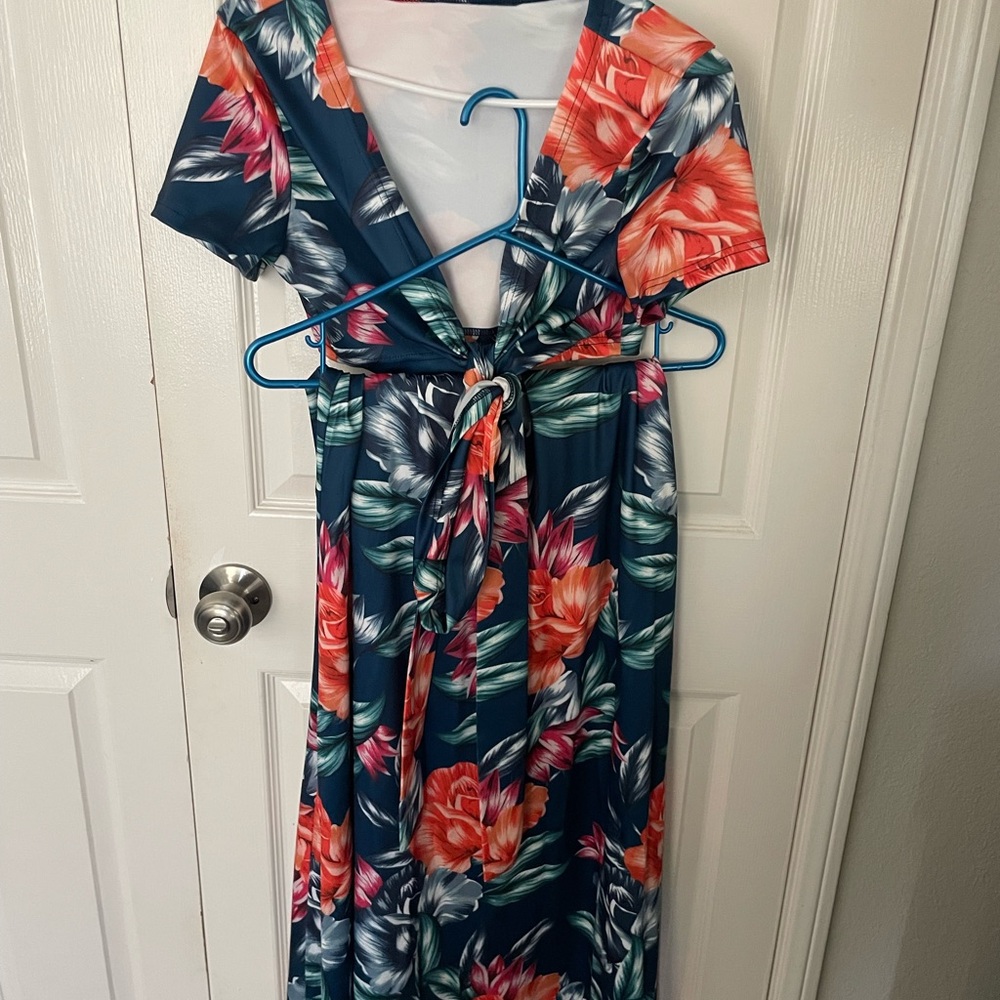 Navy Floral Wrap Crop Top & Slit Skirt Coral Blooms